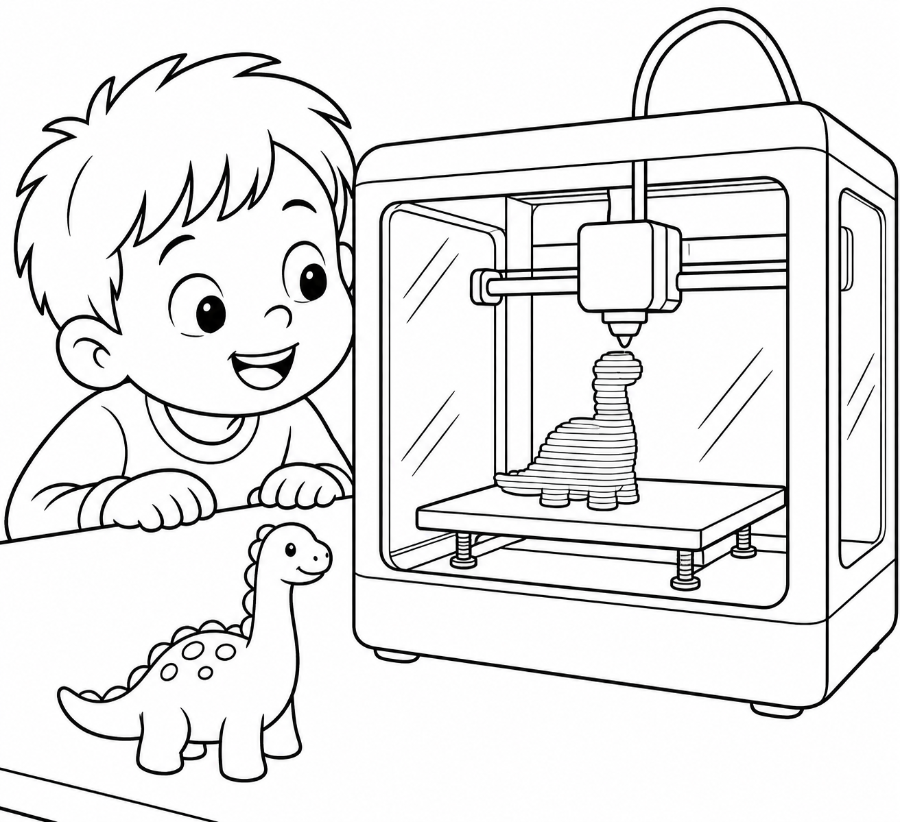 Настольный 3D-принтер слой за слоем печатает фигурку на платформе. Ребёнок наблюдает через прозрачную крышку, а рядом на столе стоит готовый динозавр для сравнения. Видны рамка уст