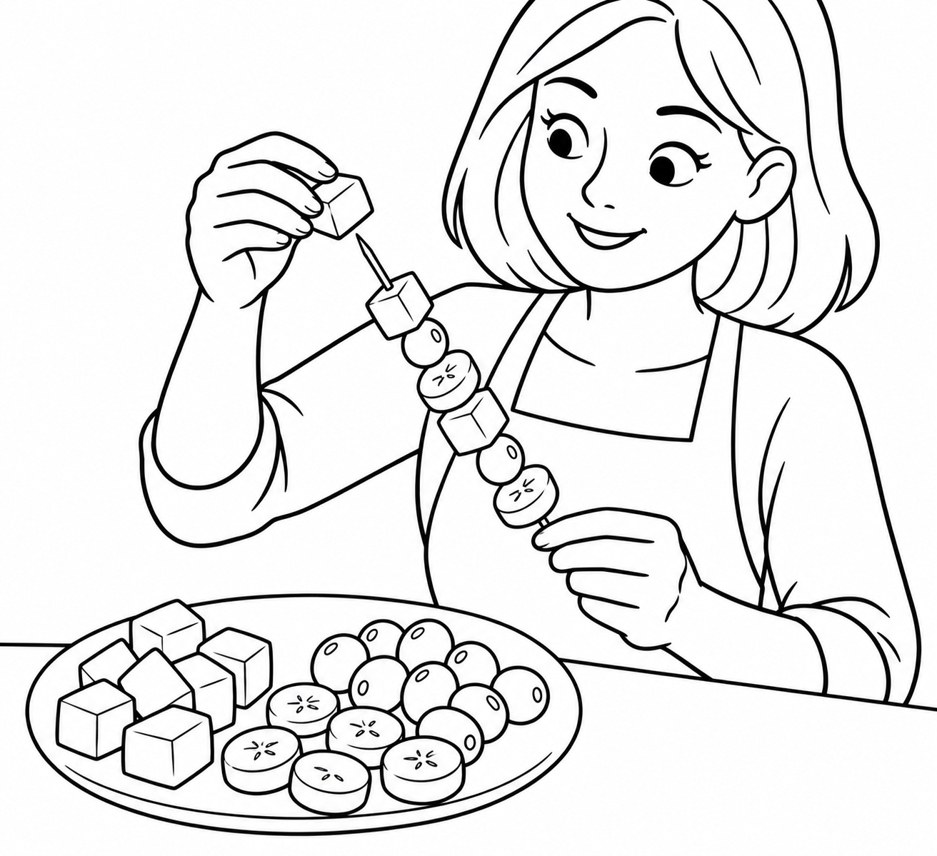 Фрукты на шпажке — Взрослый нанизывает кусочки фруктов на шпажку, придерживая очередной кусочек над её концом. На тарелке рядом лежат подготовленные кубики дыни, кружочки банана и целые ягоды винограда, а на шпажке они образуют чередующийся ряд.