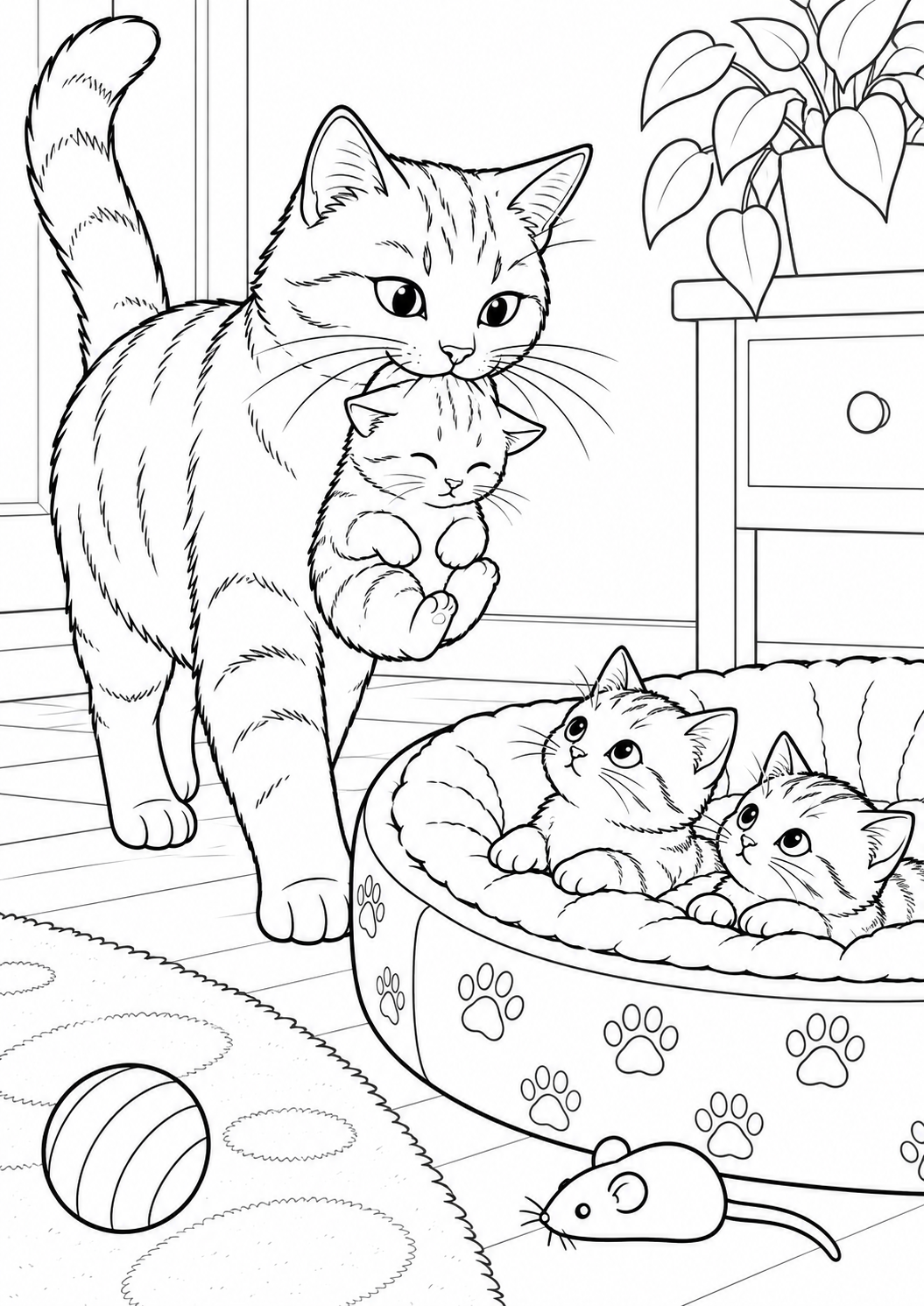 Раскраска для детей: кошка с котёнком