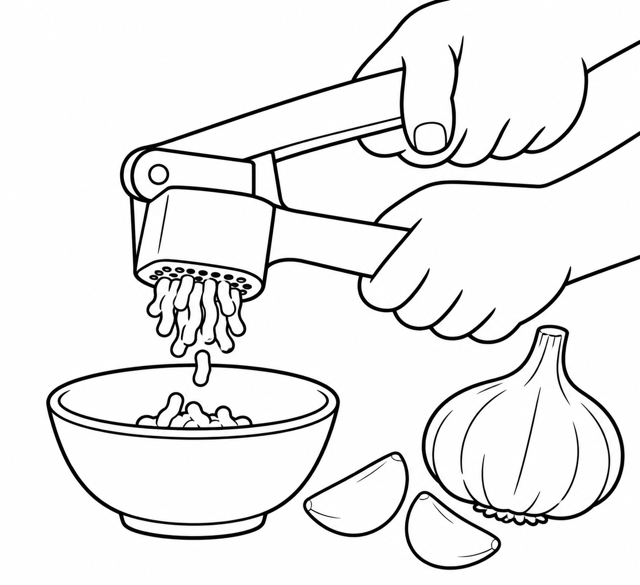 Пресс для чеснока — Человек сжимает ручки чесночного пресса, и через отверстия выходит измельчённый чеснок короткими мягкими полосками. Под прессом стоит небольшая миска, рядом лежат головка чеснока и два очищенных зубчика.