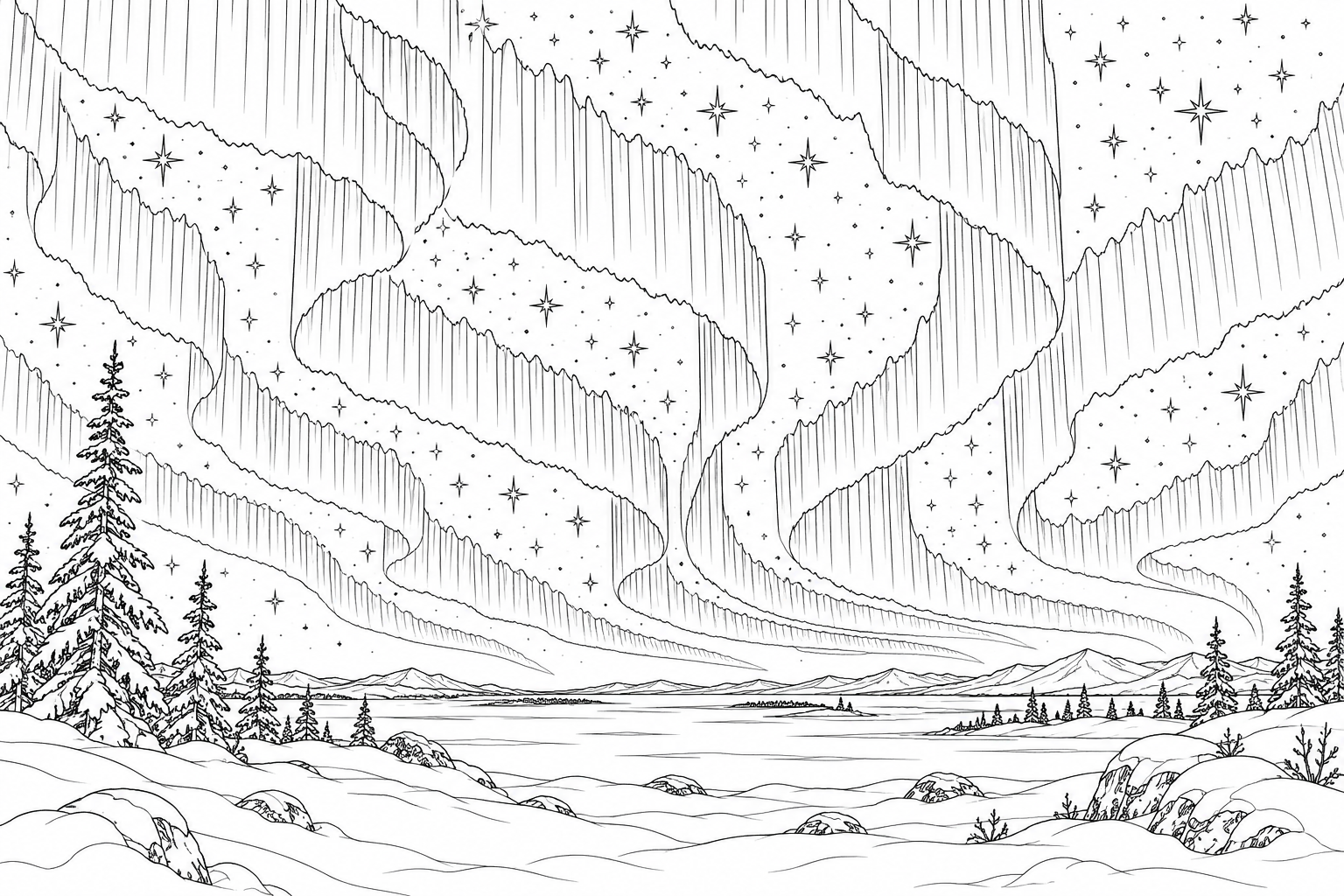 Северное сияние — Над снежной равниной длинные складчатые ленты северного сияния с тонкими вертикальными лучами. У горизонта редкие деревья, между лентами звёздное небо. Все участки оставлены для раскрашивания.
